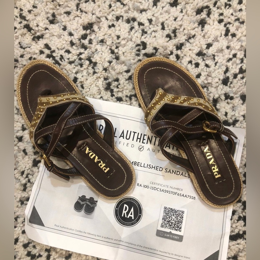 Authentic Brown Prada Leather Flats with ponyhair animal print and gold studs